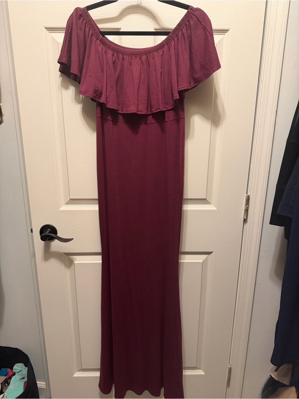 Off-Shoulder maternity Ruffle Maxi Dress in Burgundy